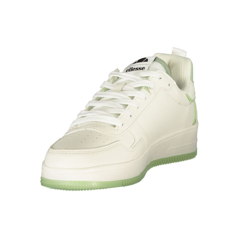 Athletic Sneakers by Ellesse for women in polyester & polyurethane green & white features an architectural silhouette, showcasing the premium athletic style of the Women's Athletic Polyester & Polyurethane Sneakers with an architectural finish.