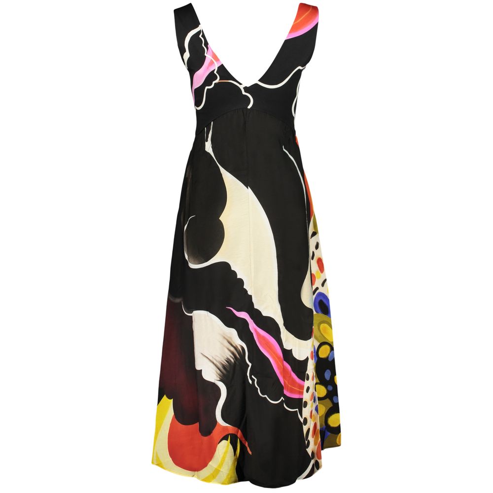 Desigual Japanese Women's Sleeveless V Neck Stretch Polyamide Cotton Dress - Black Patterned Signature Print