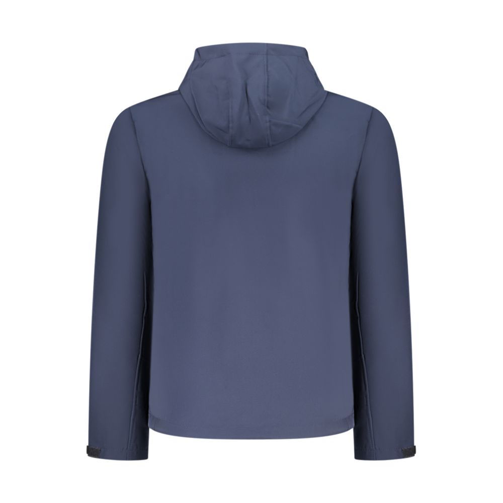 Hooded Windbreaker Jacket by U.S. Grand Polo for men in stretch polyester polyurethane blue, white & print showcases a urban chic silhouette, detailed with a urban chic and functional pockets, hooded & windproof for a polished finish.
