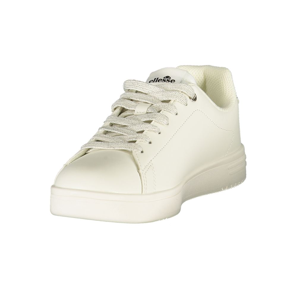 Athletic Sneakers by Ellesse for women in polyester & polyurethane silver, white & print showcases a architectural silhouette, artfully capturing the essence of the Crisp Women's Athletic Polyester & Polyurethane Sneakers with its signature architectural athletic style construction.