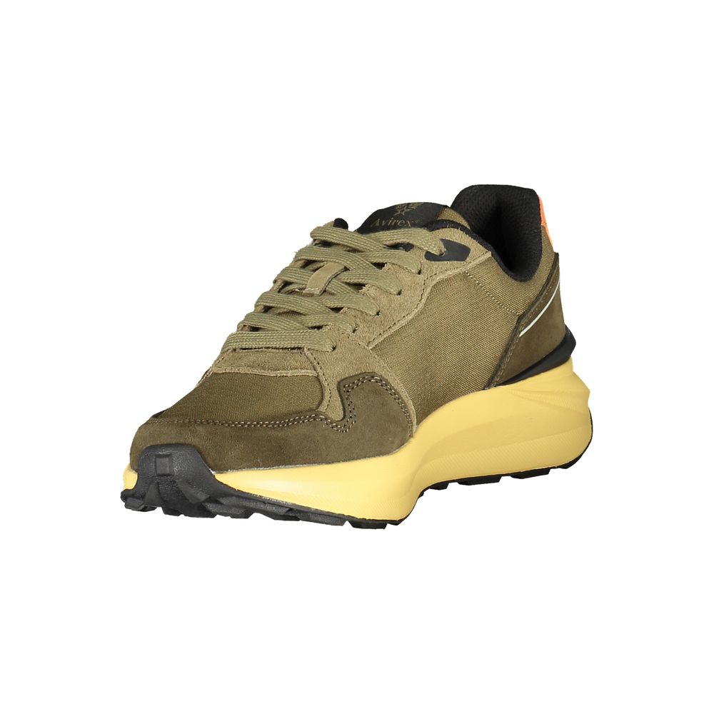 Athletic Sneakers by Avirex for men in polyester polyurethane leather gray, green & yellow presents a sleek silhouette, perfectly capturing the athletic style essence of Men's Athletic Polyester Polyurethane Leather Sneakers with its sleek design and premium finish.