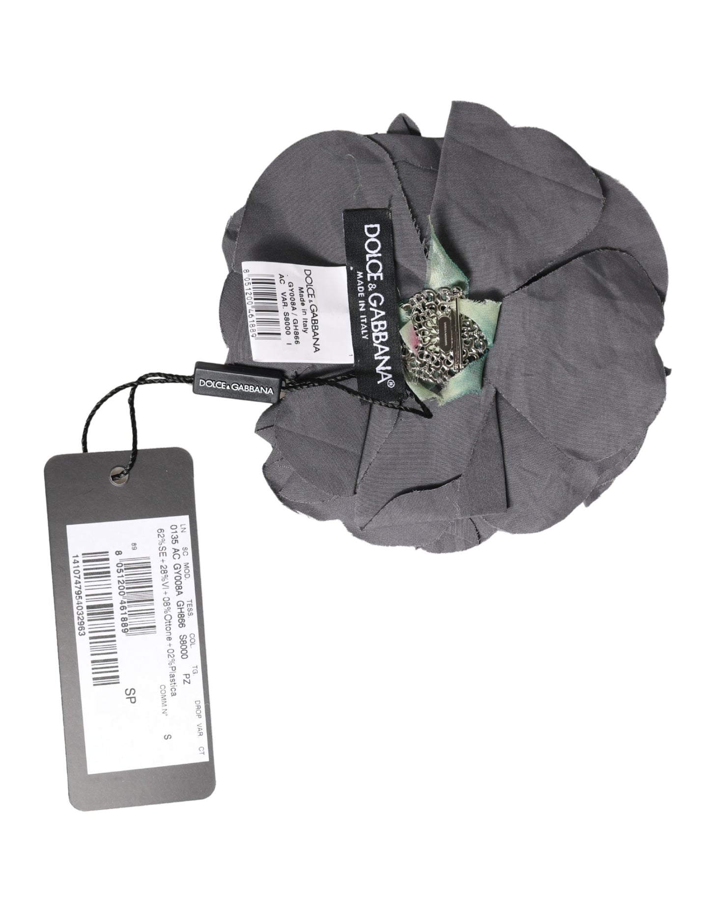 Dolce & Gabbana Gray Floral Motif Silk Blend Poplin Fabric Bar Pin Brooch