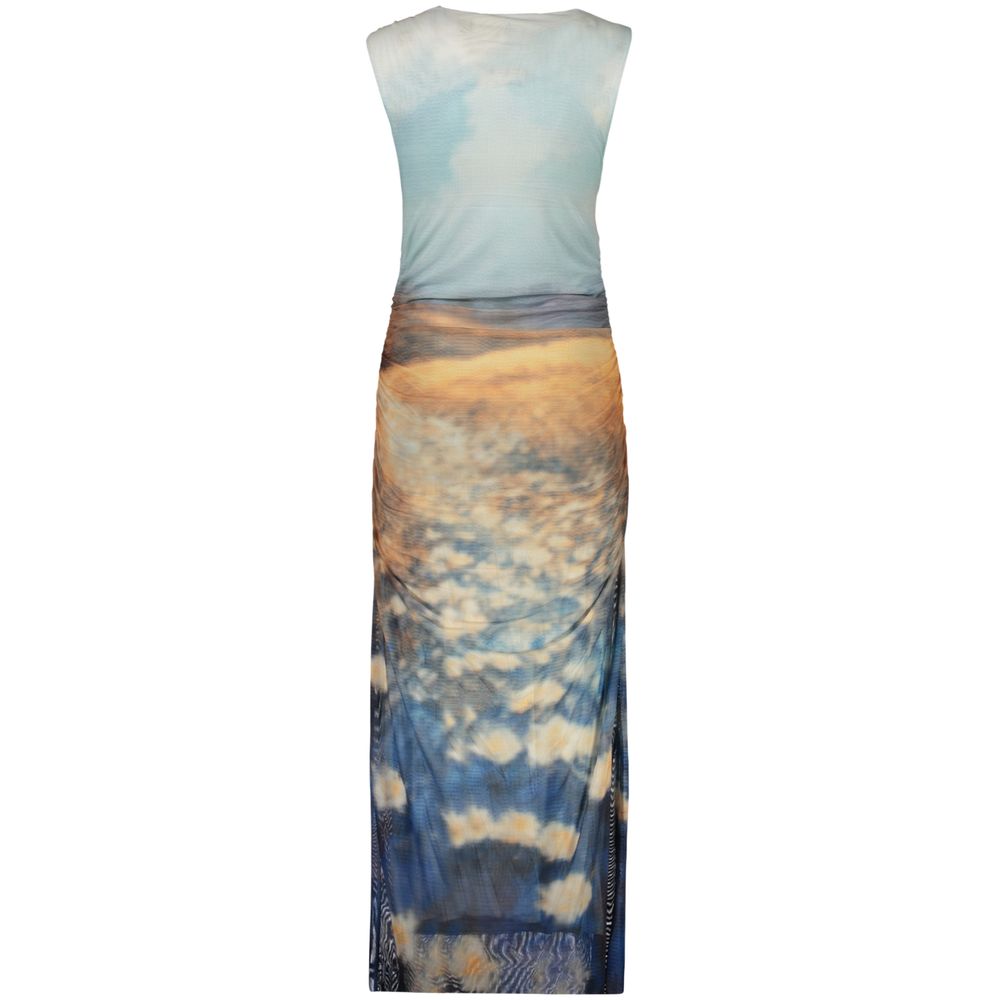 Dress by Desigual for women in polyester blue, patterned & print features a dramatic silhouette, showcasing an elegant and that flows into a dramatic long.