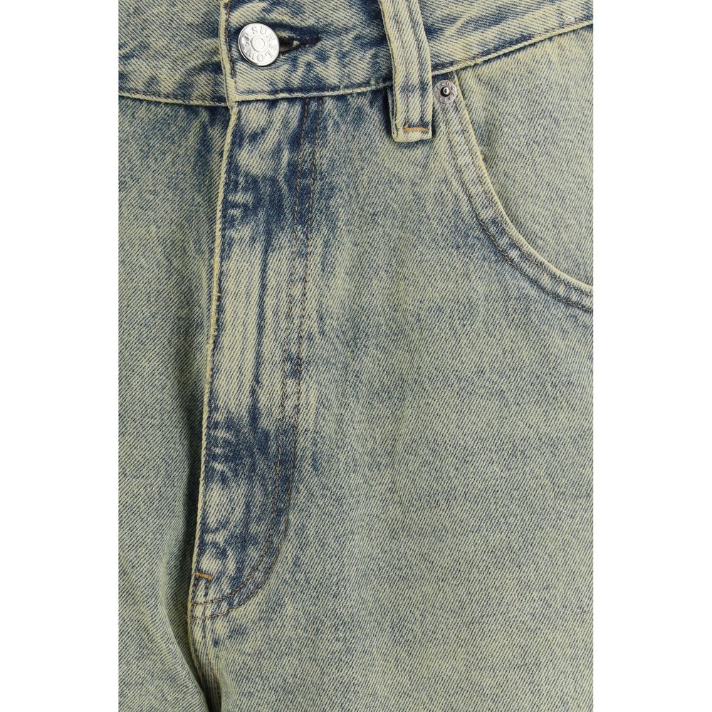 Sunflower Men's Relaxed Fit Wide Oversized Organic Denim Cotton & Leather Shorts - Blue