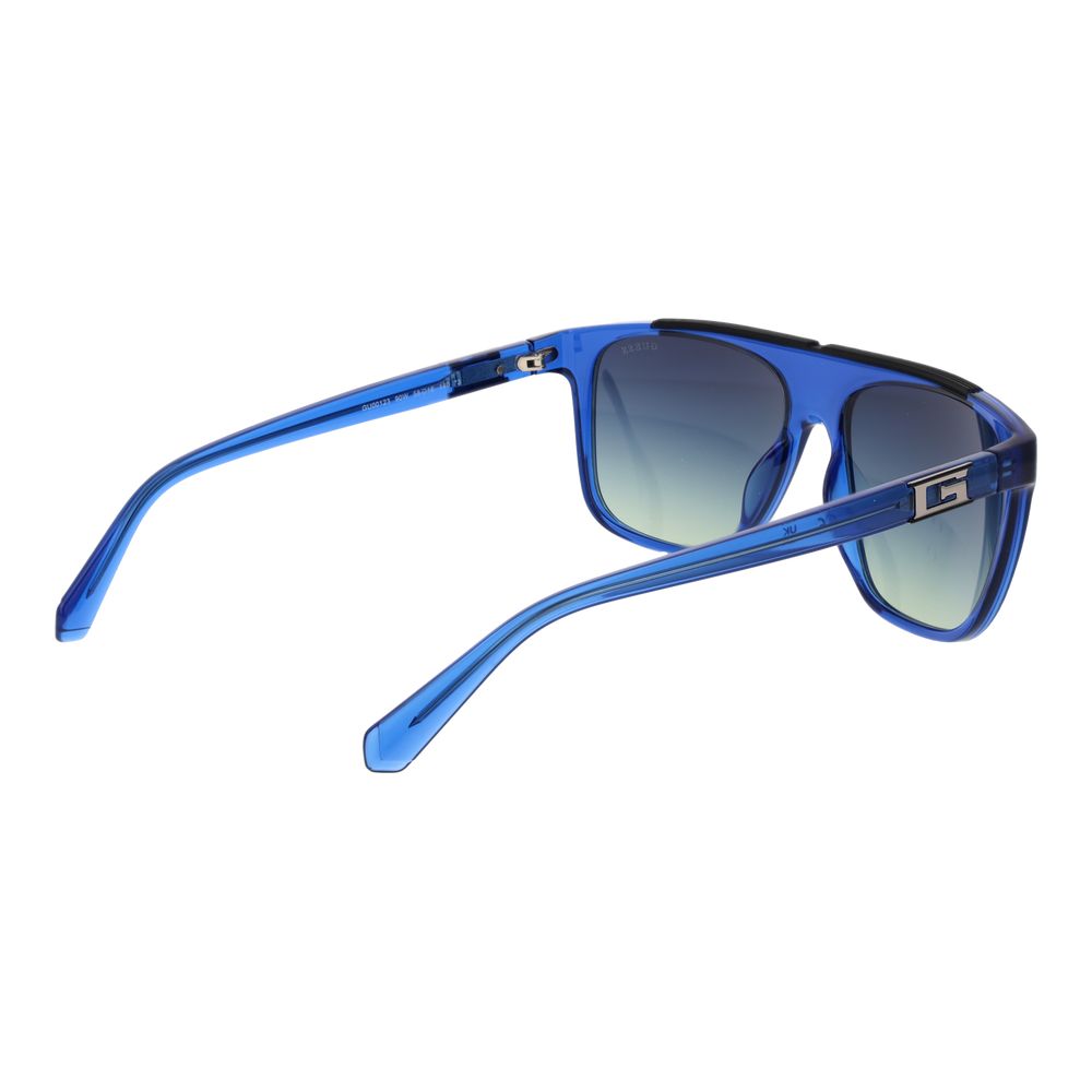 Sunglasses by Guess for men in stainless steel blue features an ethereal full-rim square frame design with blue coloured frame frames and gradient category-3-dark-tint lens for a ethereal finish.
