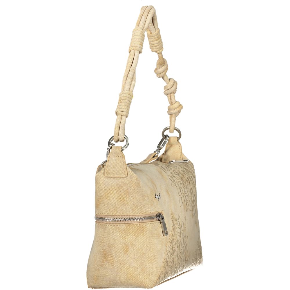 Handbag by Desigual for women in polyurethane beige & sand features a signature silhouette, showcasing a secure zipper and signature built-in-compartments, external-pockets & cardholder with versatile adjustable-strap & handle for a sophisticated look.