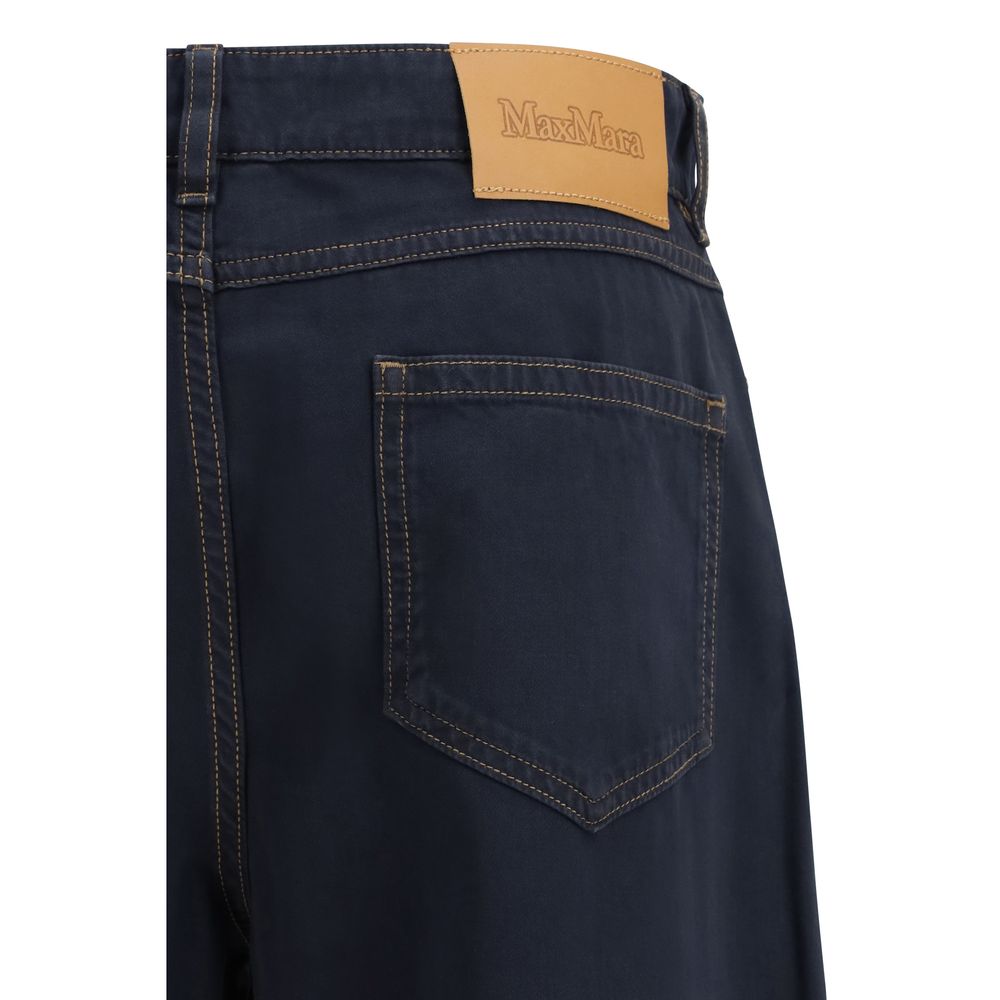 Max Mara Women's Regular Fit Wide Cotton Satin & Leather Casual Pants - Blue