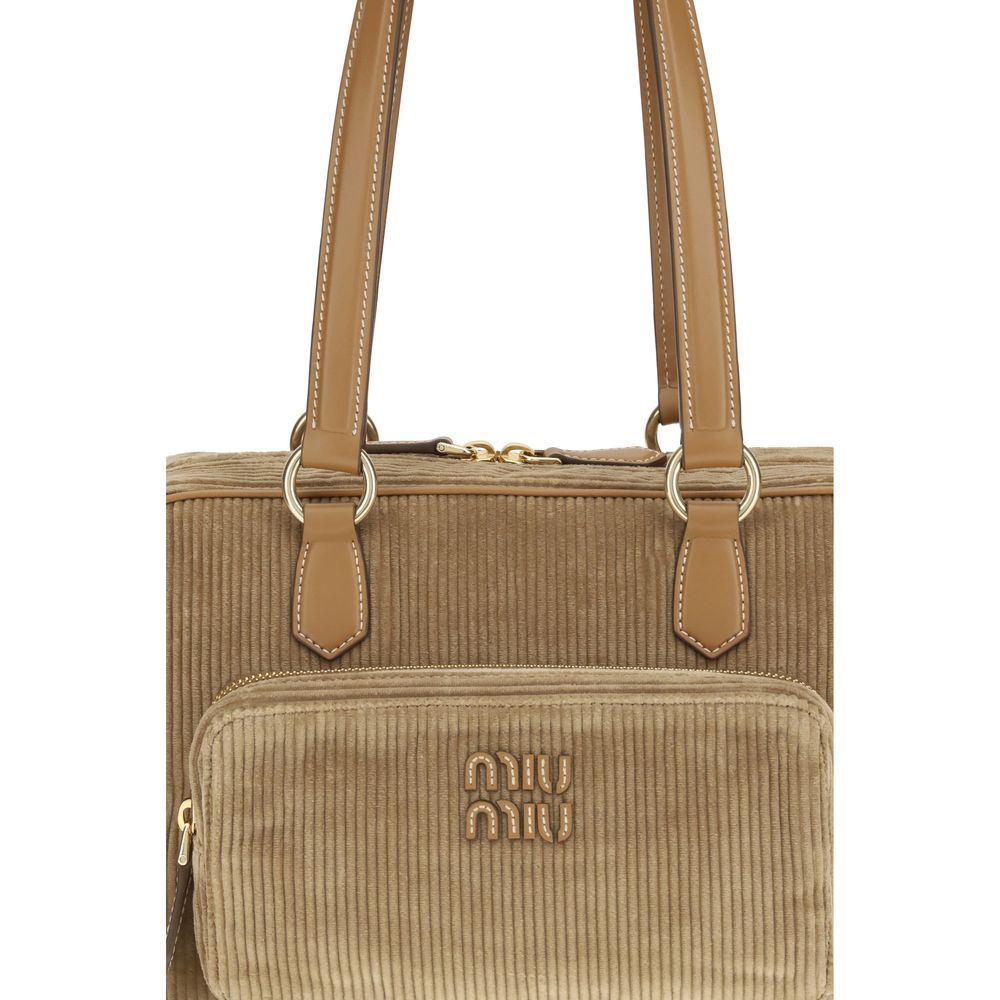 Miu Cotton Corduroy & Nappa Leather Shoulder Saddle Bag - Beige