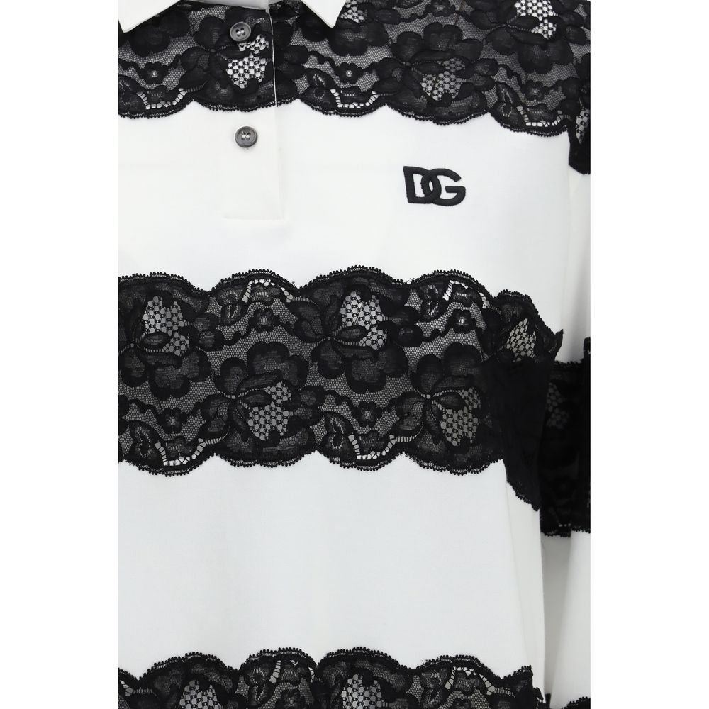 Dolce & Gabbana Women's Regular Fit Long-Sleeve Cotton Polyamide & Lace Polo Shirt - Black White
