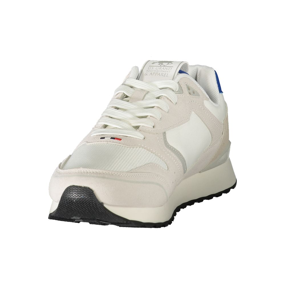 Athletic Sneakers by U.S. Grand Polo for men in canvas polyurethane & polyester blue, white & print features an architectural silhouette, showcasing the premium athletic style of the Men's Athletic Canvas Polyurethane & Polyester Sneakers with an architectural finish.