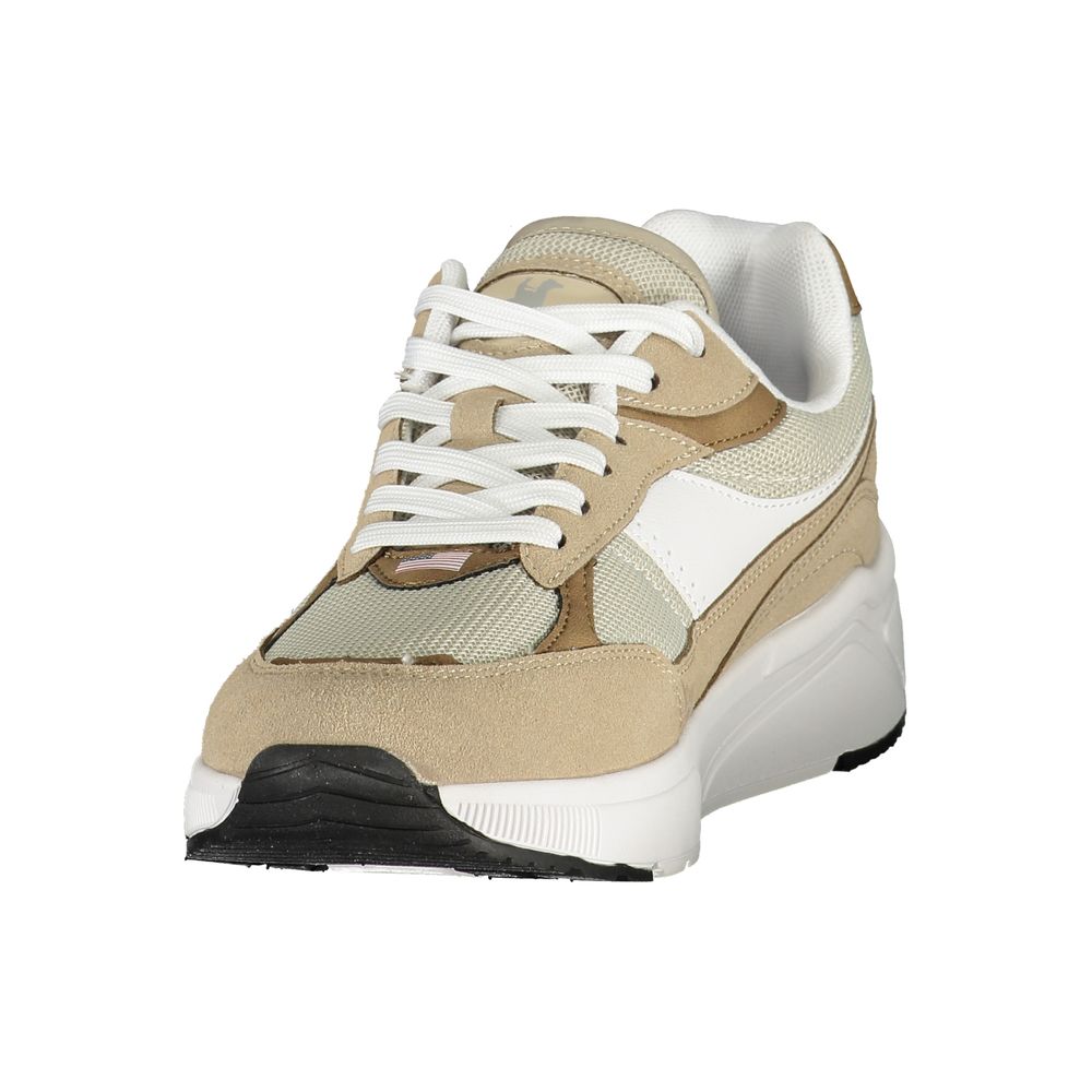 Athletic Sneakers by U.S. Grand Polo for men in polyester & polyurethane beige, brown & print features an architectural silhouette from the Men's Athletic Polyester & Polyurethane Sneakers collection, showcasing a architectural athletic style for a architectural look.
