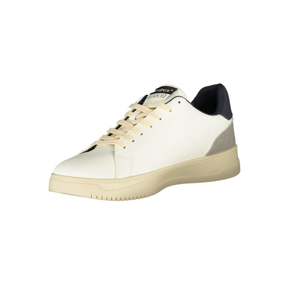 Athletic Sneakers by Avirex for men in polyester & polyurethane blue, gray, white & print features an architectural silhouette, showcasing the premium athletic style of the Men's Athletic Polyester & Polyurethane Sneakers with an architectural finish.