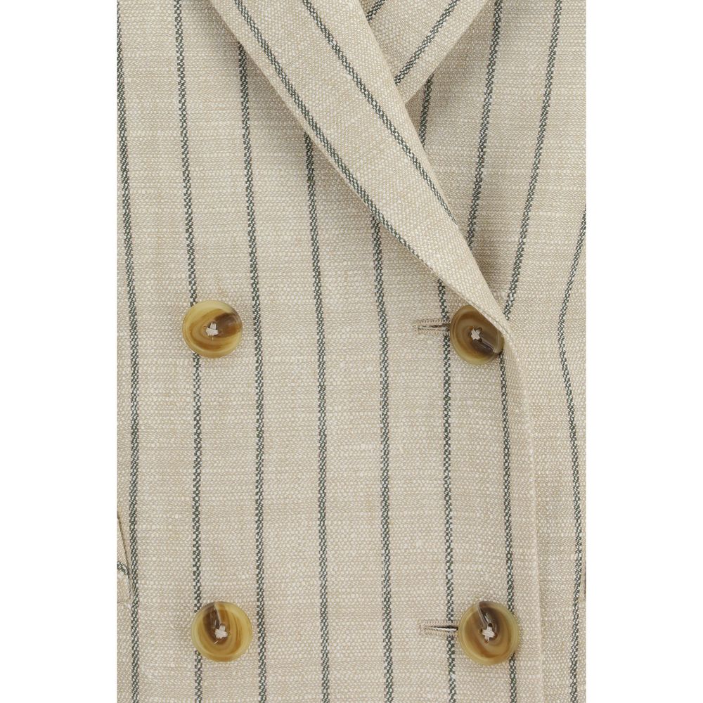 Blazé Milano Women's Padded Double Breasted Polyamide Viscose Silk & Cotton Blazer - Beige Pearl Pinstripe