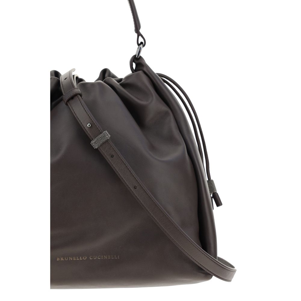 Brunello Cucinelli Bos Taurus Calf Leather Shoulder Drawstring Bag - Brown Signature