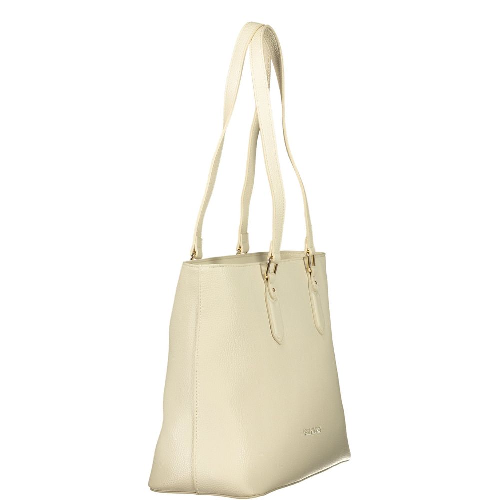Shoulder Handbag by Mario Valentino for women in polyethylene beige & signature features an refined silhouette, showcasing a secure zipper, ample internal-pockets, and versatile shoulder-strap & handle for a sophisticated refined aesthetic.