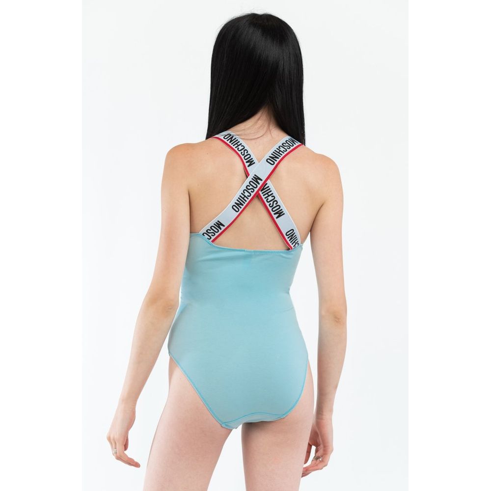 Bodysuit by Moschino for women in stretch cotton sky-blue features an provocative silhouette, showcasing a sophisticated and provocative for a refined, provocative look.
