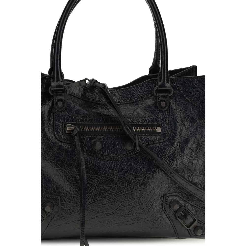 Balenciaga Le City The Tote Zamak Cotton Canvas Calf & Lambskin Leather Small 2-in-1 Shoulder Crossbody Bag - Black Signature
