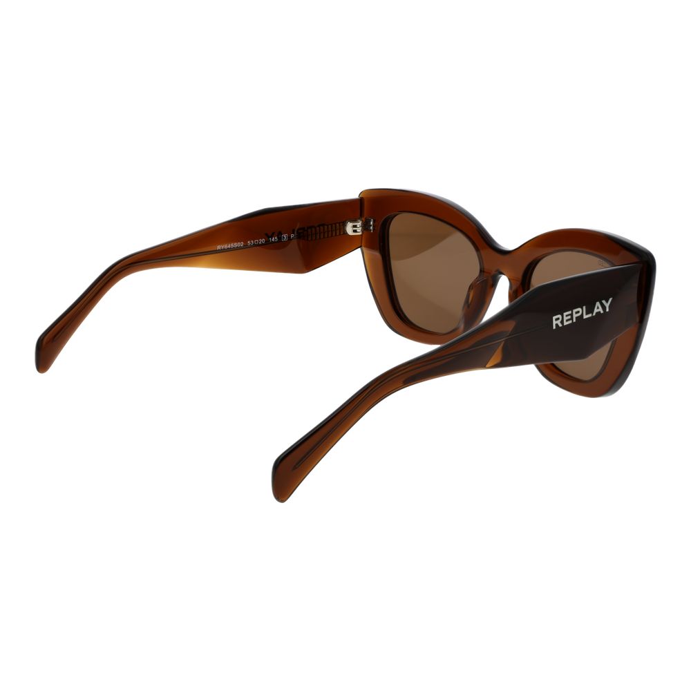 This Sunglasses by Replay for women in acetate brown presents a sumptuous silhouette, showcasing a sumptuous full-rim cat-eye frame design in brown coloured frame and high-performance polarized category-3-dark-tint lens.