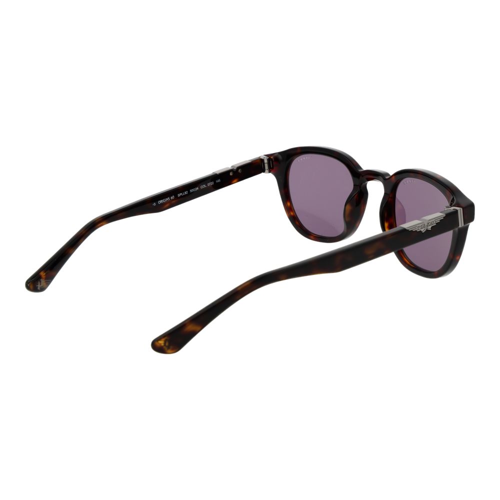 Sunglasses by Police for men in cellulose acetate and brown presents a sumptuous silhouette, featuring brown coloured frame and full-rim panto frame design with non-polarized category-3-dark-tint lens for a sumptuous look.