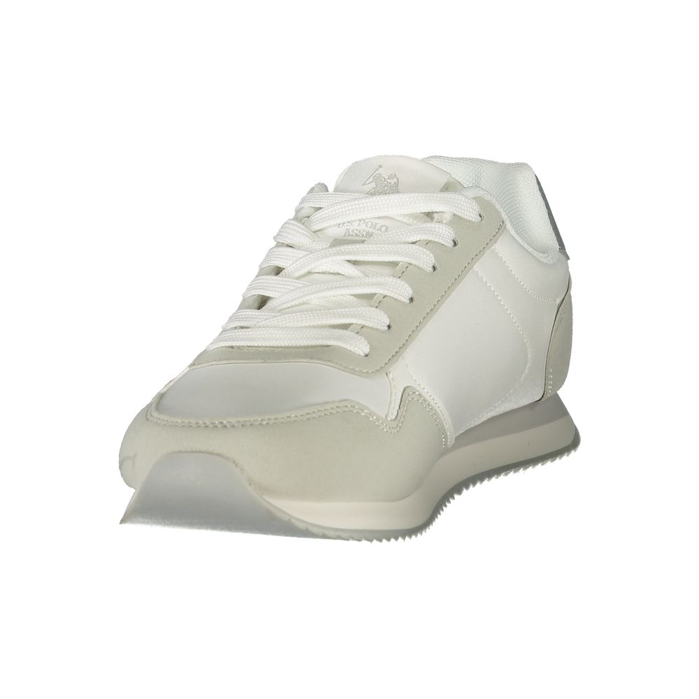 Athletic Sneakers by U.S. POLO ASSN. for women in polyester & polyurethane blue, silver, white & print showcases a architectural silhouette, artfully capturing the essence of the City Women's Athletic Polyester & Polyurethane Sneakers with its signature architectural athletic style construction.