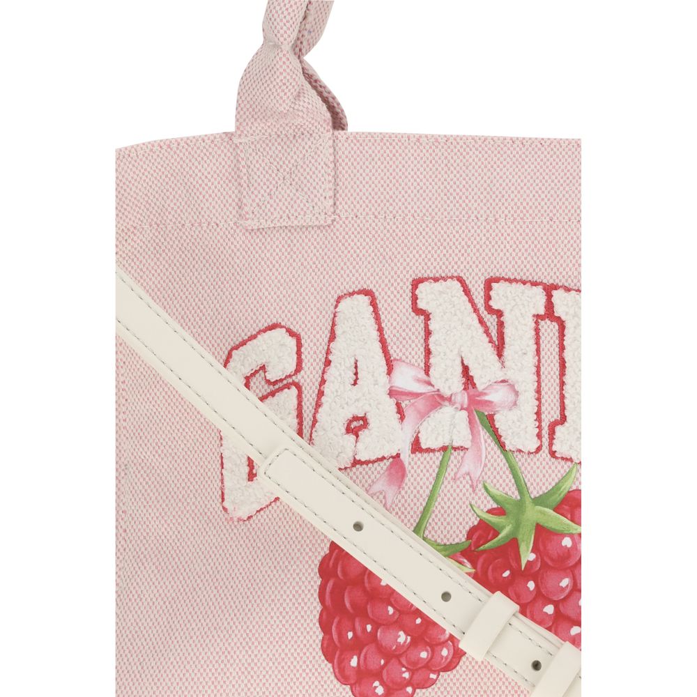 Ganni Polyester Small Shoulder Shopper Bag - Beige Multicolor Raspberry Print