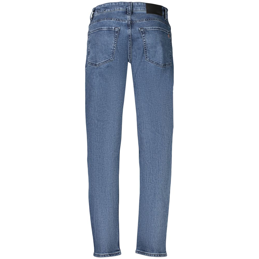 Jeans by Hugo Boss for men in stretch denim cotton blue presents a tailored silhouette, showcasing a tailored slim and long cut with a refined for a truly tailored aesthetic.
