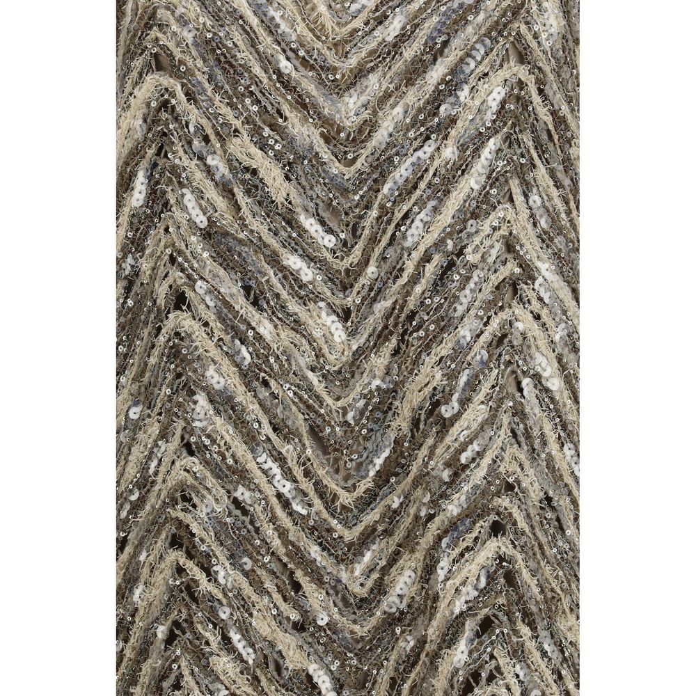 Brunello Cucinelli Women's Slip Cocktail Sleeveless V Neck Nylon Polyester Linen & Sequins Short Dress - Beige Patterned Herringbone