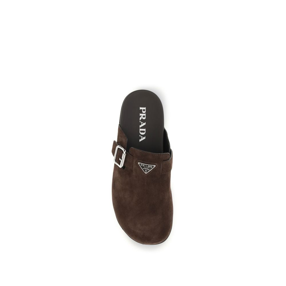 Prada Men's Bos Taurus Suede Calf Leather Flat Mule Mules Strap Shoes - Brown