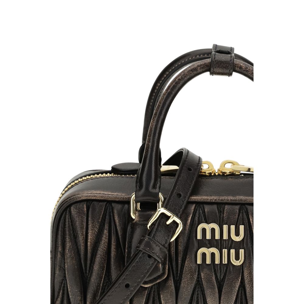 Miu Arcadie Leather & Cotton Quilted Satchel Pouch Handbag - Brown Gold Patterned