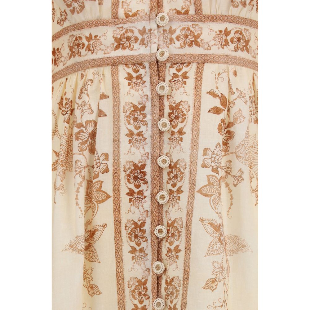 Dress by Zimmermann for women in linen beige, patterned, floral & print features a dramatic silhouette, showcasing an elegant and that flows into a dramatic midi.