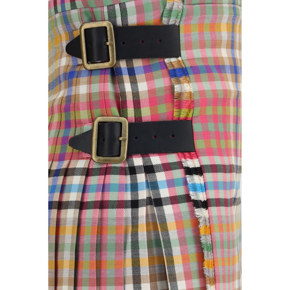 Vivienne Westwood Heather Women's Pleated Kilt Flared High Rise Leather & Wool Mini Skirt - Multicolor Jacquard