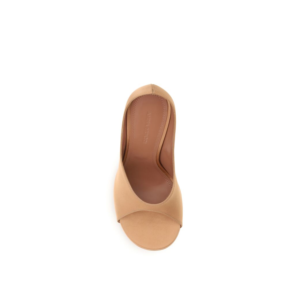 Amina Muaddi Beige Silk High Heel Platform Pumps