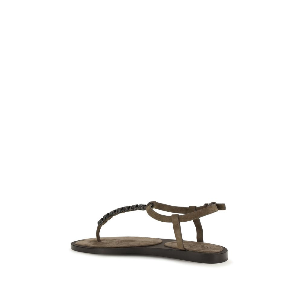Brunello Cucinelli Women's Bos Taurus Calfskin Leather Flat T-Strap Strap Sandals - Brown