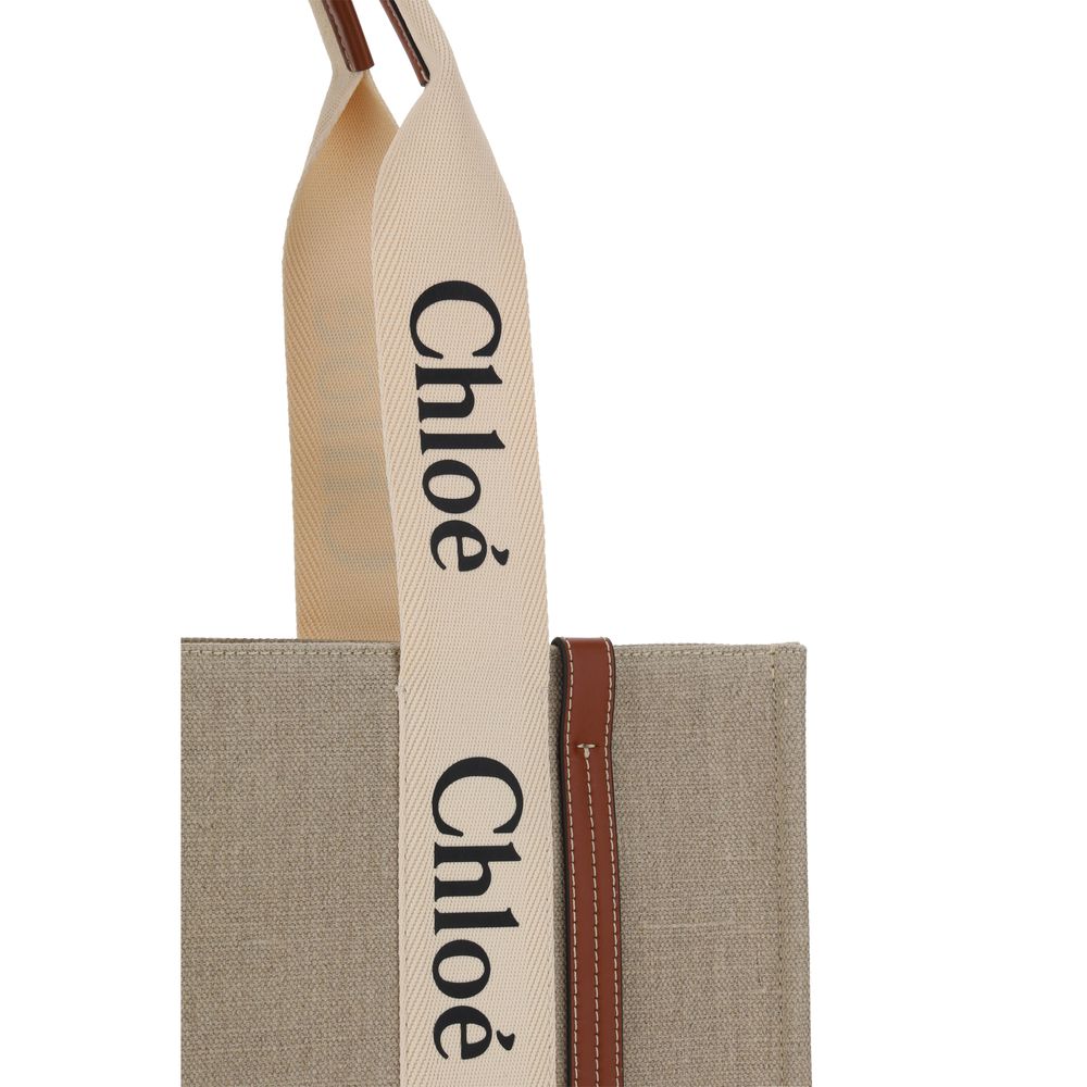 Chloé Woody Linen & Leather Shoulder Handbag - Beige Signature Monogram Print