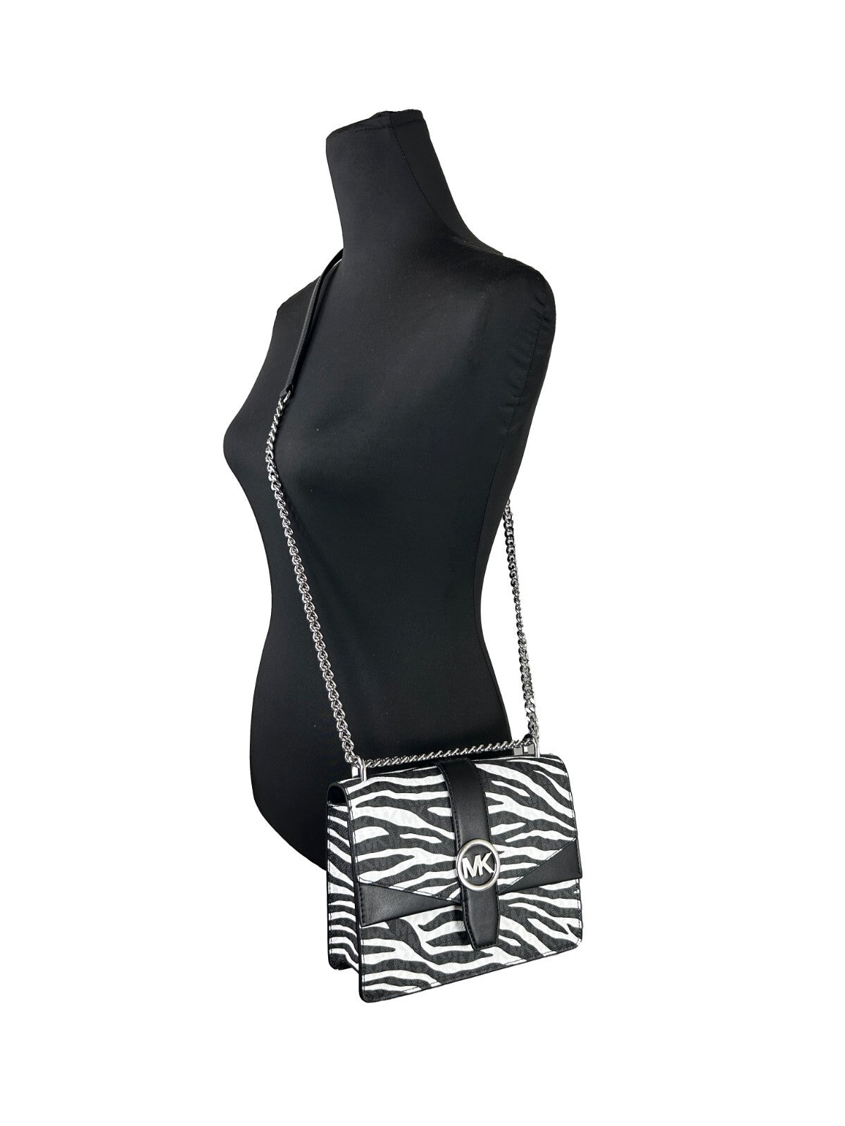 Michael Kors Greenwich Synthetic Polyurethane Leather Small Crossbody Travel Tote Handbag - Animal Black Silver White Print