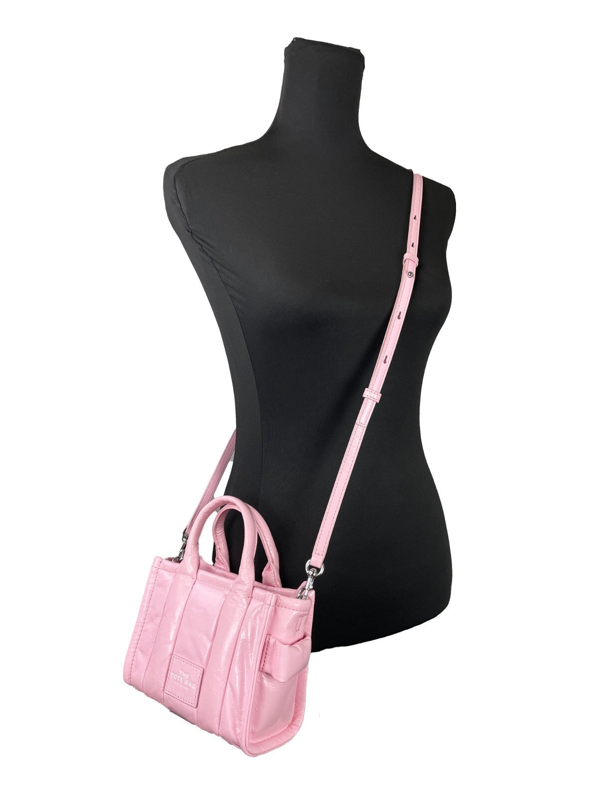 Marc Jacobs The Shiny Crinkle Micro Tote Ostrich Leather Crossbody Evening Handbag - Pink Silver