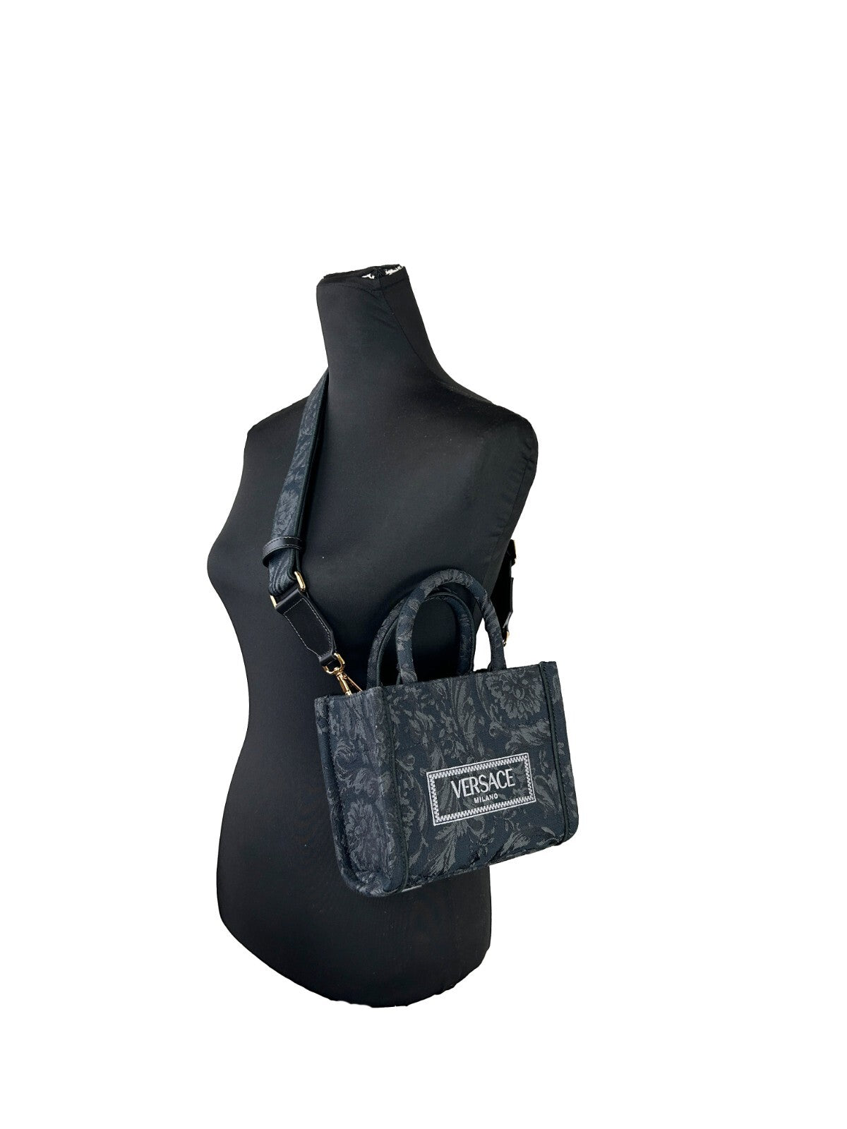 Versace Athena Calf & Python Leather Small Travel Shopper Tote Handbag - Black Gold Jacquard