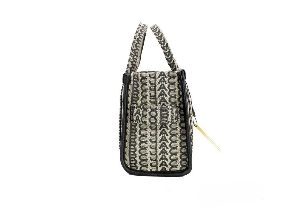 Marc Jacobs The Monogram Calfskin Leather & Nylon Mini Crossbody Travel Tote Handbag - Beige Silver Patterned Jacquard Monogram