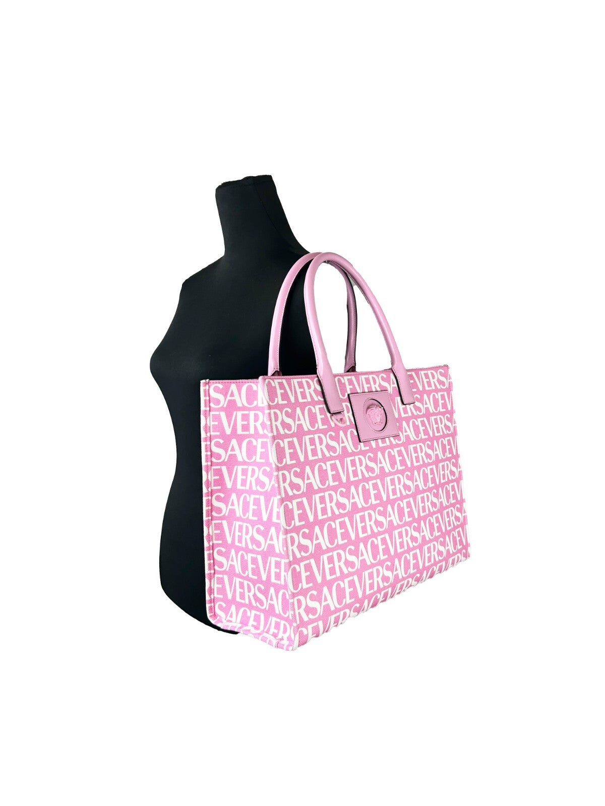 Versace Medusa Cotton Polyester Canvas Large Tote Bag - Gold Pink Patterned