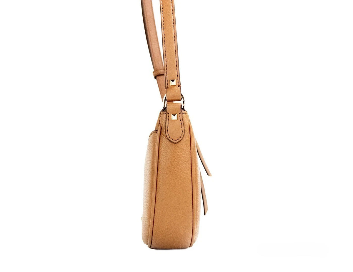 Michael Kors Dover Pebbled Leather Small Crossbody Half Moon Handbag - Brown Gold Jacquard