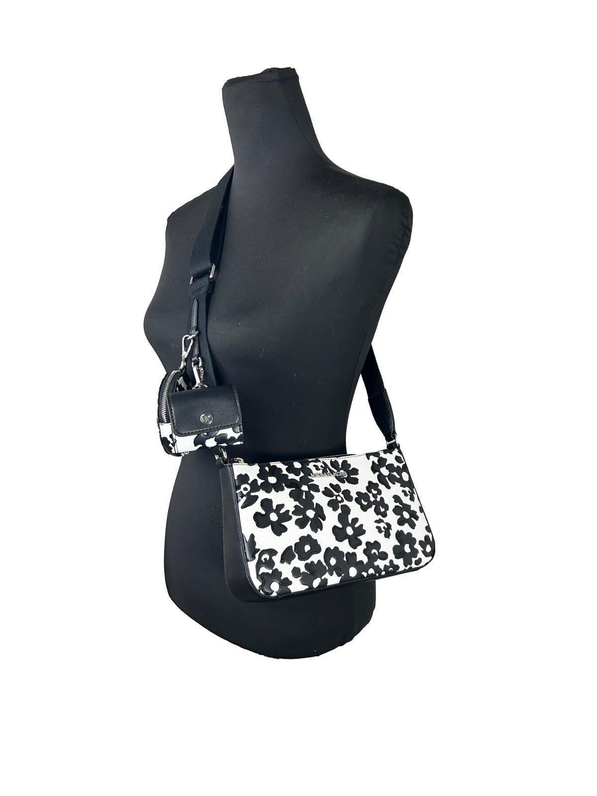 Michael Kors Jet Set Leather Small Crossbody Travel Pouch Handbag - Black Silver Patterned Floral