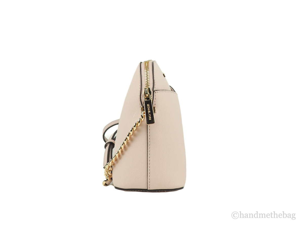 Michael Kors Jet Set Travel Leather & Satin Compact Crossbody Dome Handbag - Beige Gold Pink