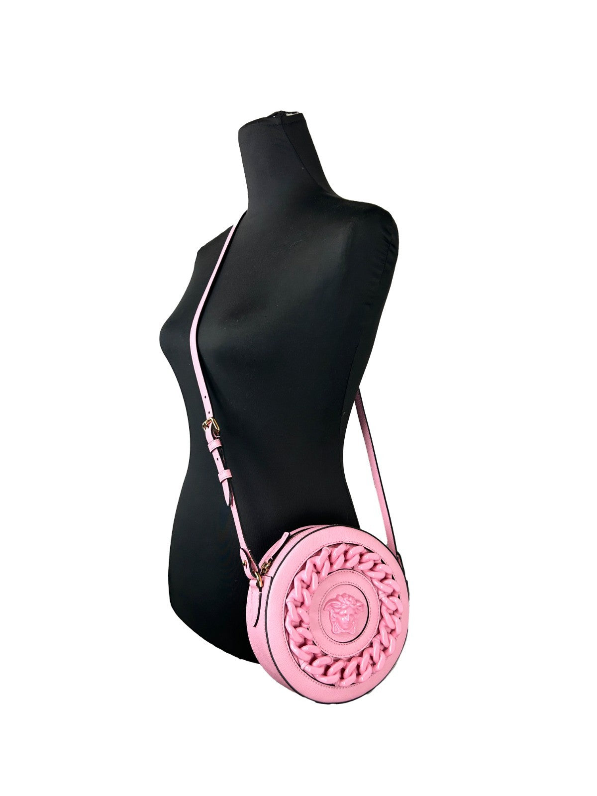Versace Round Disco Pebbled Leather Crossbody Camera Handbag - Gold Pink