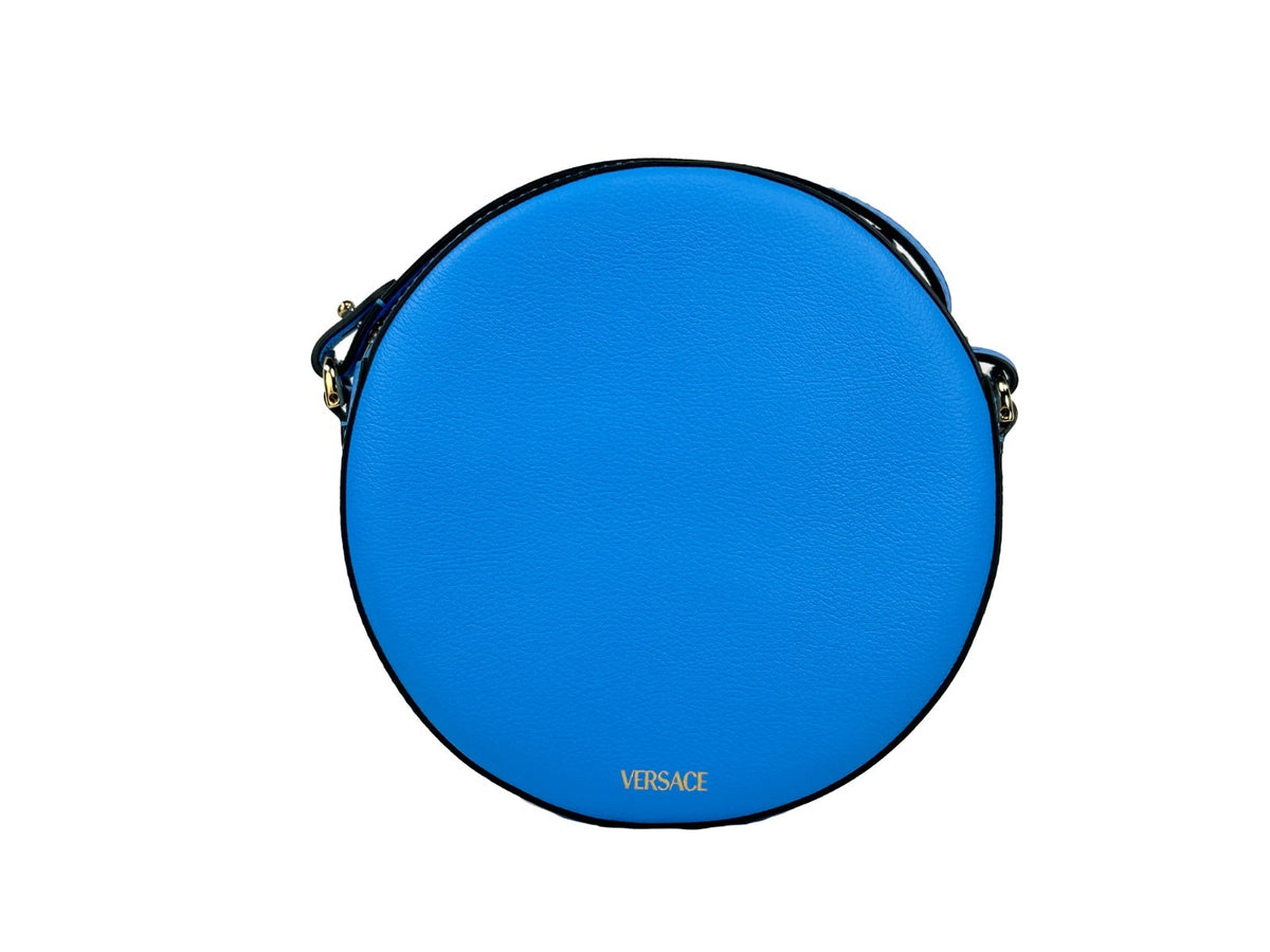 Versace Round Disco Pebbled Leather Crossbody Camera Handbag - Blue Gold