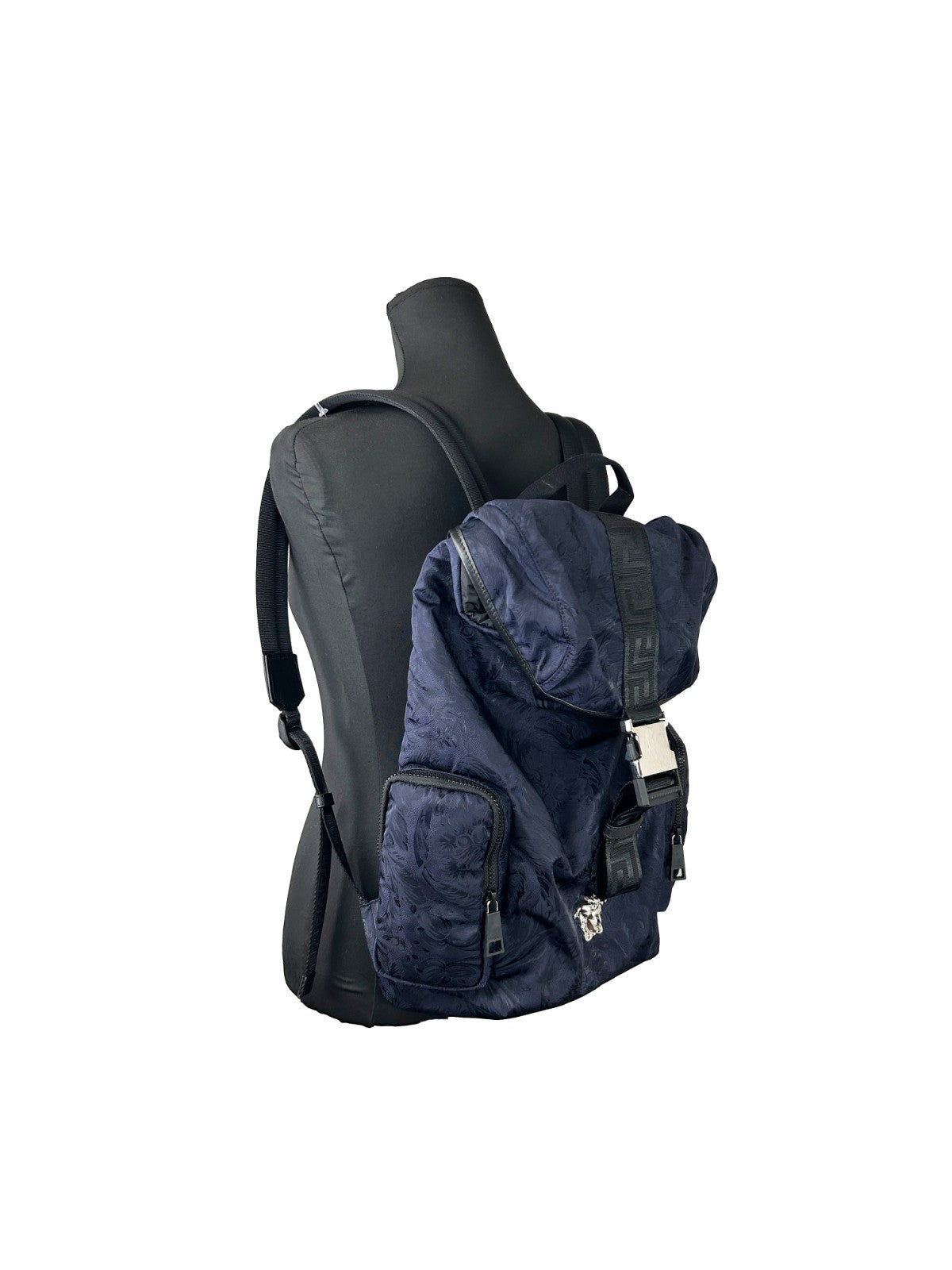 Versace Medusa Nylon Drawstring Flap Backpack - Navy Silver