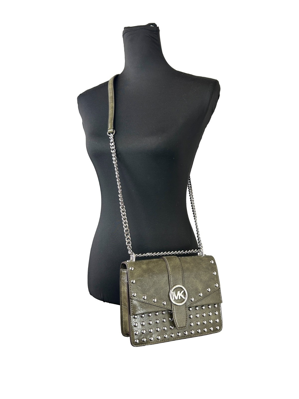 Michael Kors Greenwich Leather Small Crossbody Flap Handbag - Green Olive Silver