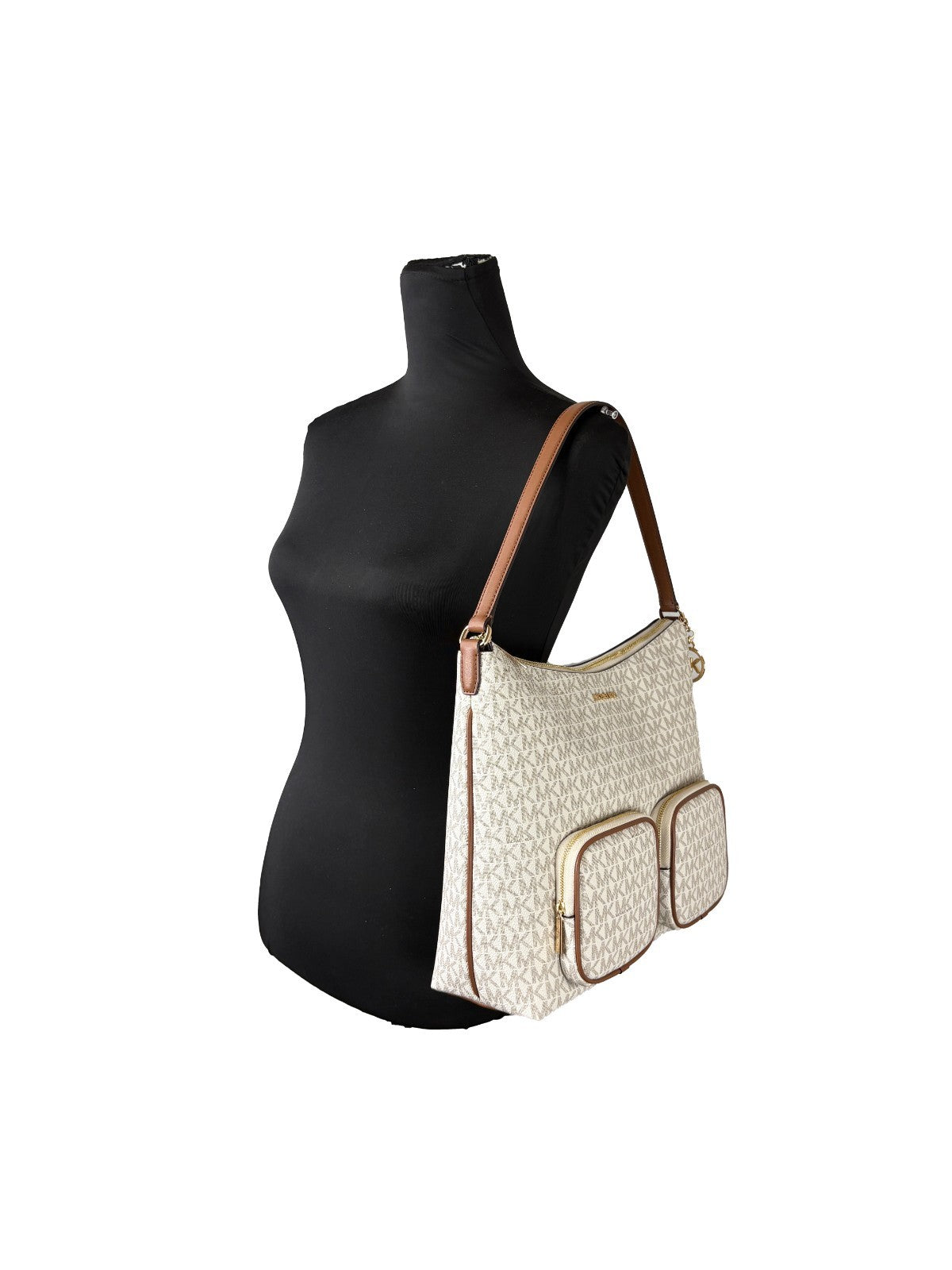 Michael Kors Merritt Synthetic Polyurethane Leather Large Shoulder Bag - Gold Signature Print Print