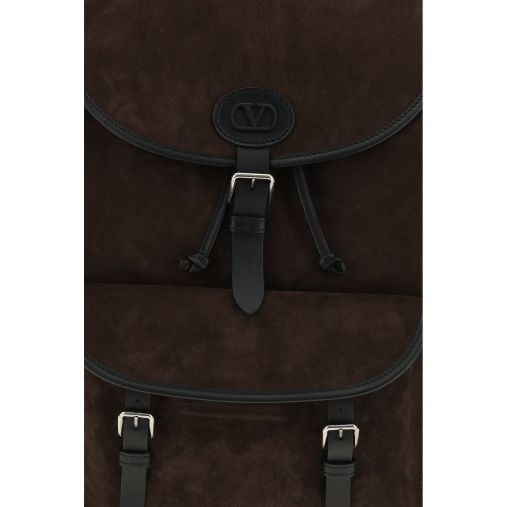 Valentino Garavani Antibes V Logo Bos Taurus Suede Calf Leather Backpack - Brown Palladium Signature