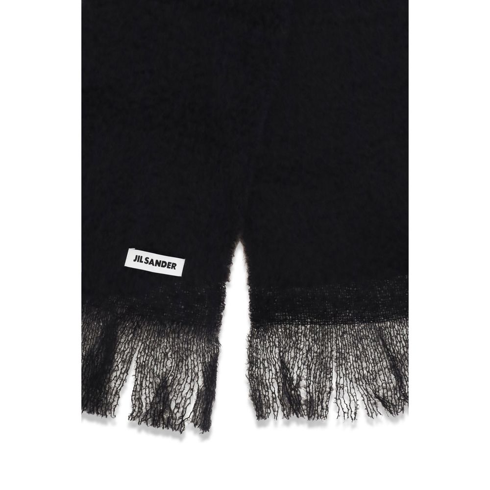 Scarf by Jil Sander for women in wool black & signature showcases a eye catching silhouette, artfully capturing the essence of the eye catching Wool Fringes Scarf design for a sophisticated look.