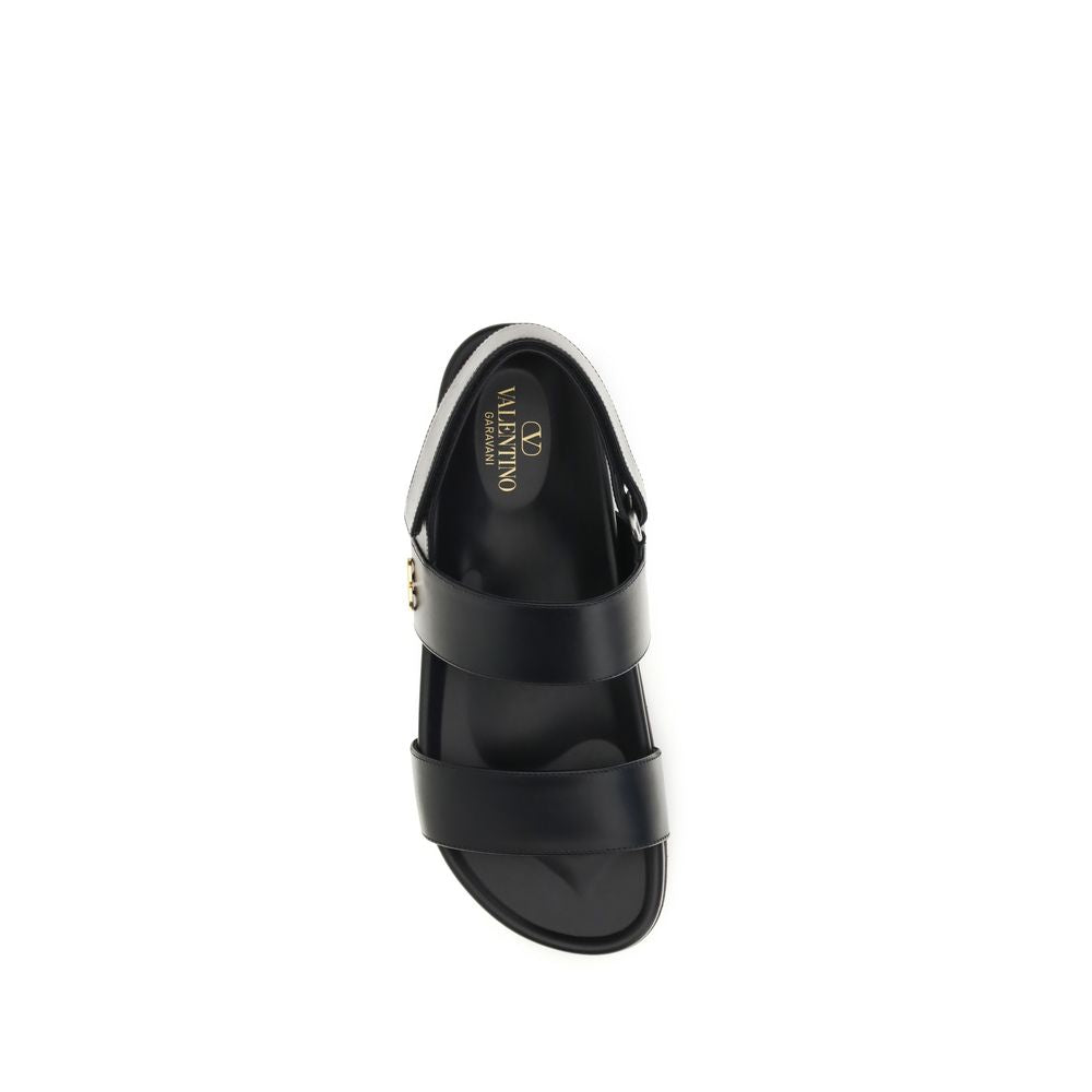 Valentino Garavani V Logo Men's Bos Taurus Calfskin Leather Flat Sandals - Black Gold Signature